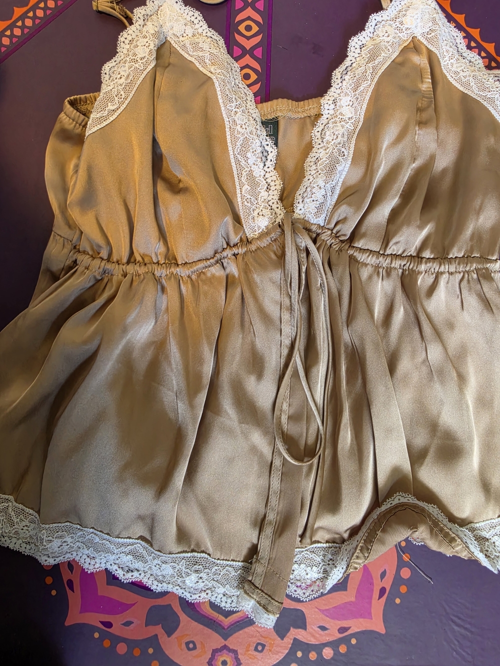 wild fable Taupe Satin Chemise with Ivory Lace Trim